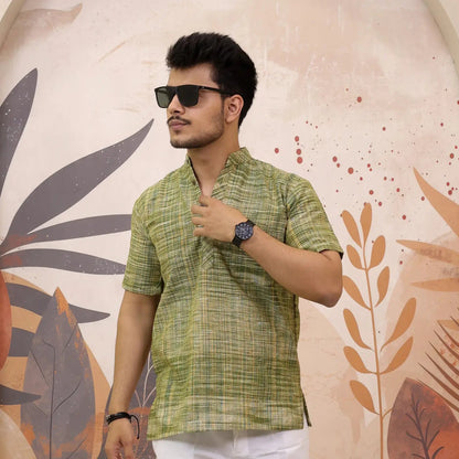 Green Pure South Cotton Half Sleeve Short Kurta