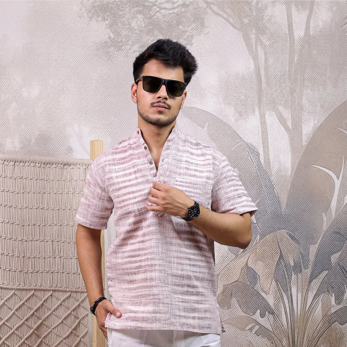 Purple Pure Cotton Zebra Fabric Half Sleeve Short Kurta