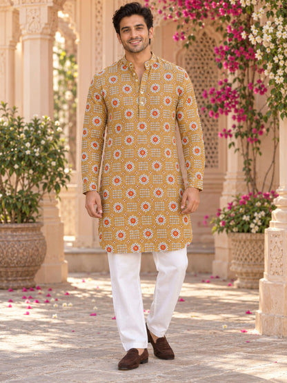 Camel Antique Floral Printed Men's Kurta