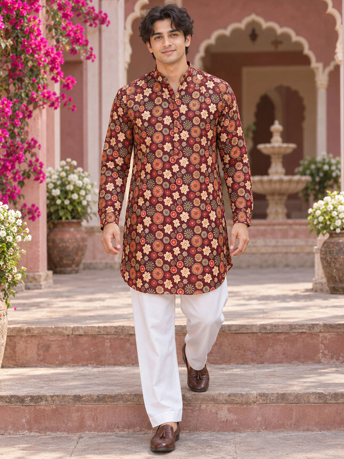Mahroon Artistic Printed Men's Kurta