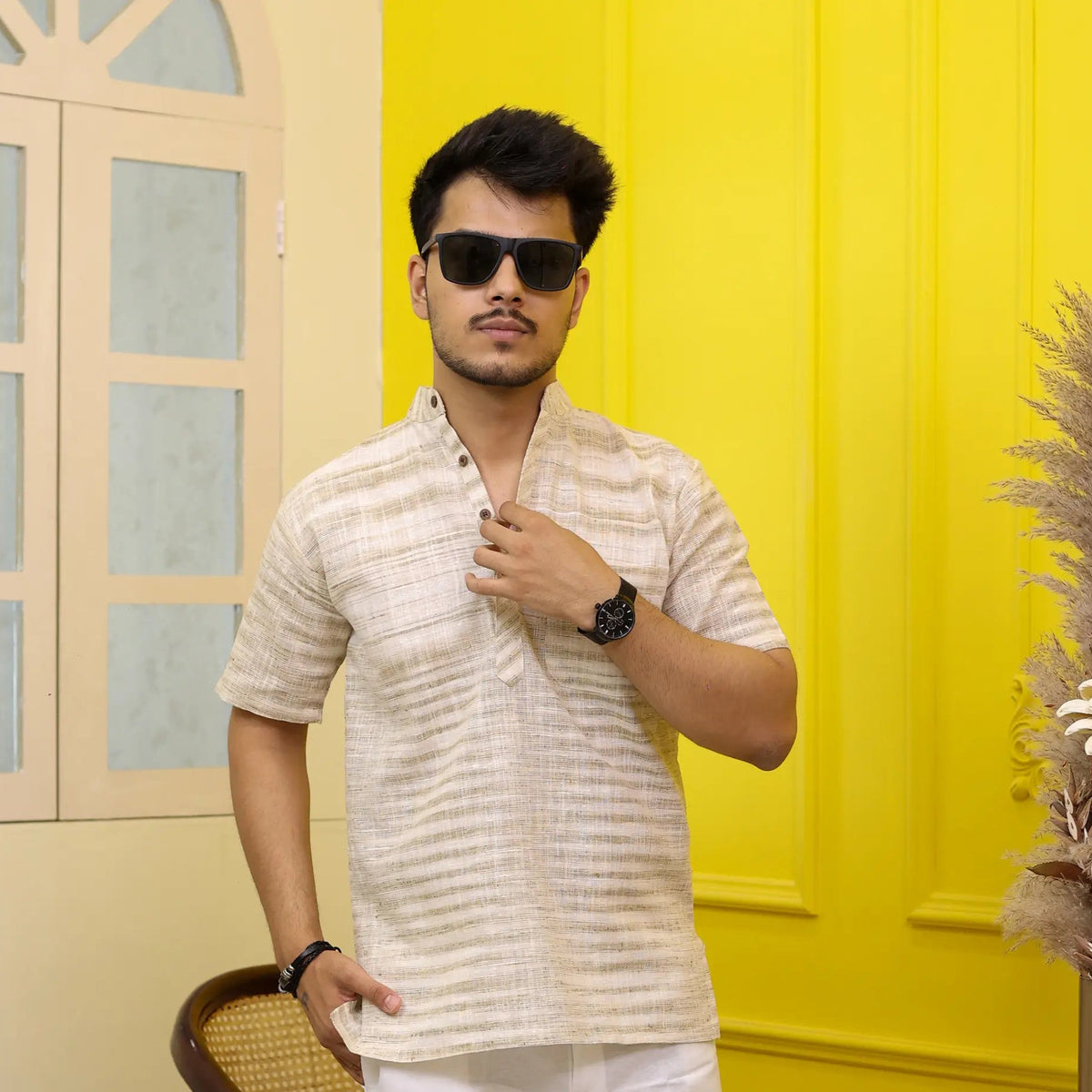 Beige Pure Cotton Zebra Fabric Half Sleeve Short Kurta