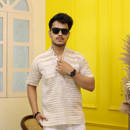 Beige Pure Cotton Zebra Fabric Half Sleeve Short Kurta