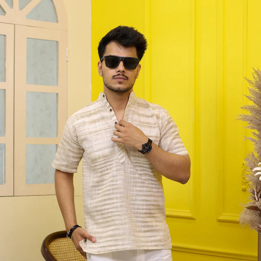 Beige Pure Cotton Zebra Fabric Half Sleeve Short Kurta