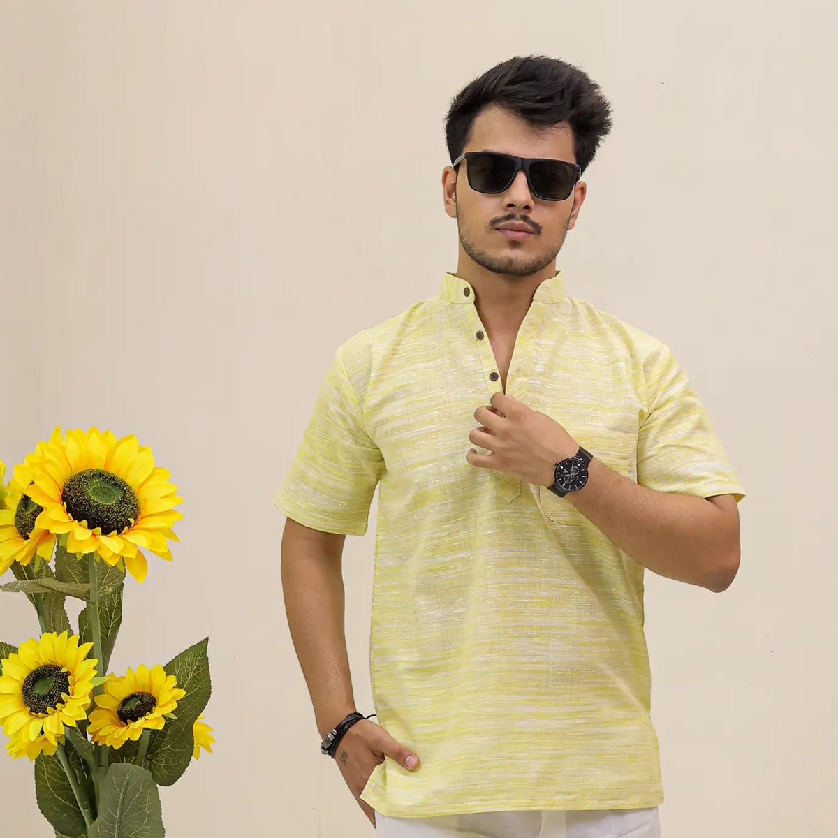 Yellow Abhilasha Pure Cotton Half Sleeve Short Kurta