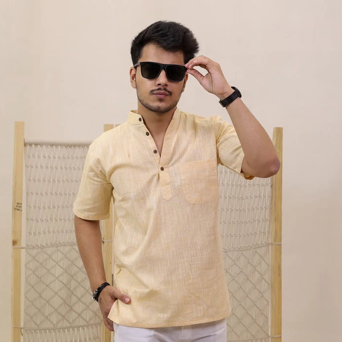 Yellow Soft Linen Cotton Blend Half Sleeve Kurta