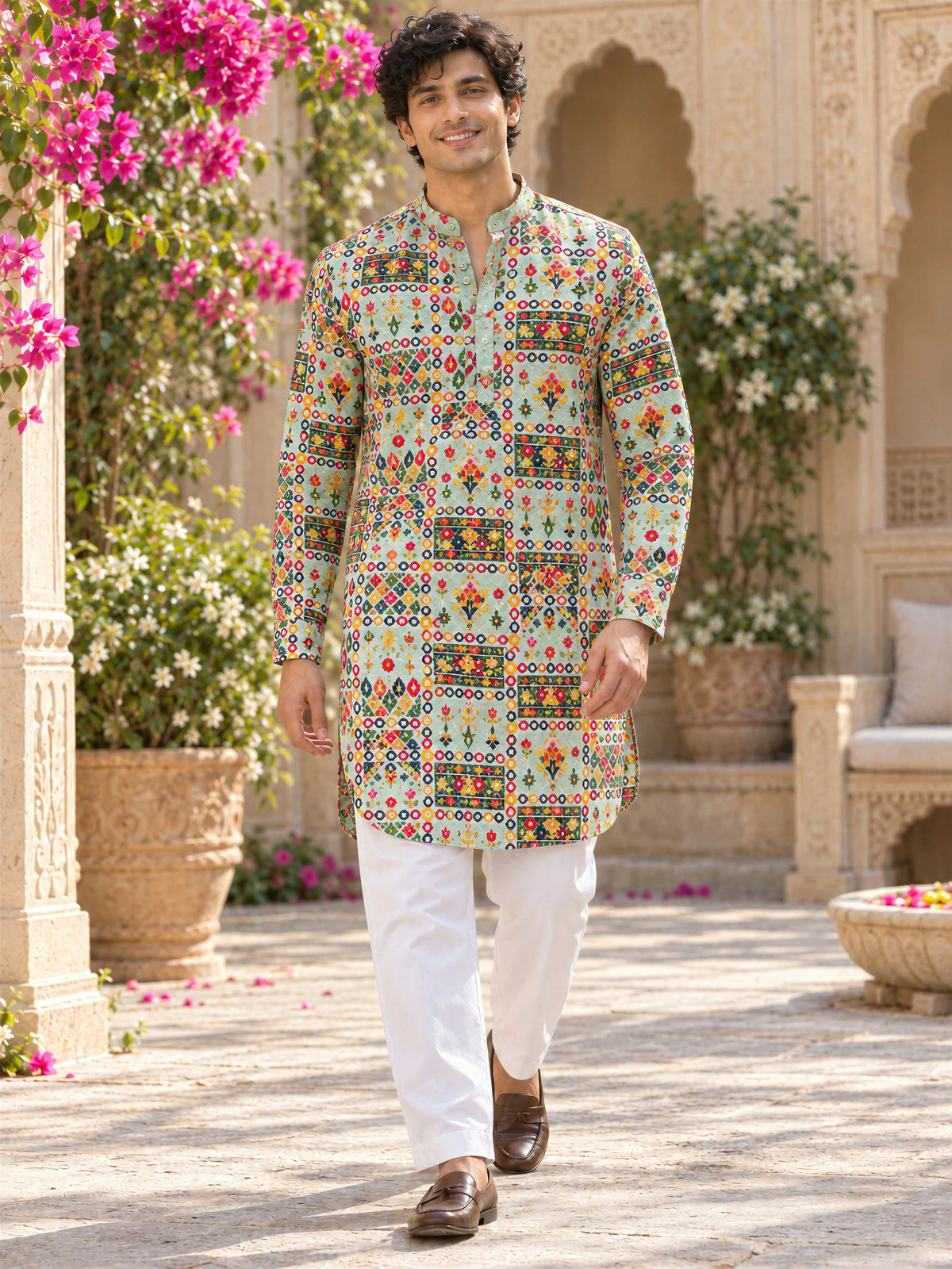 Green Vintage Printed Men's Kurta