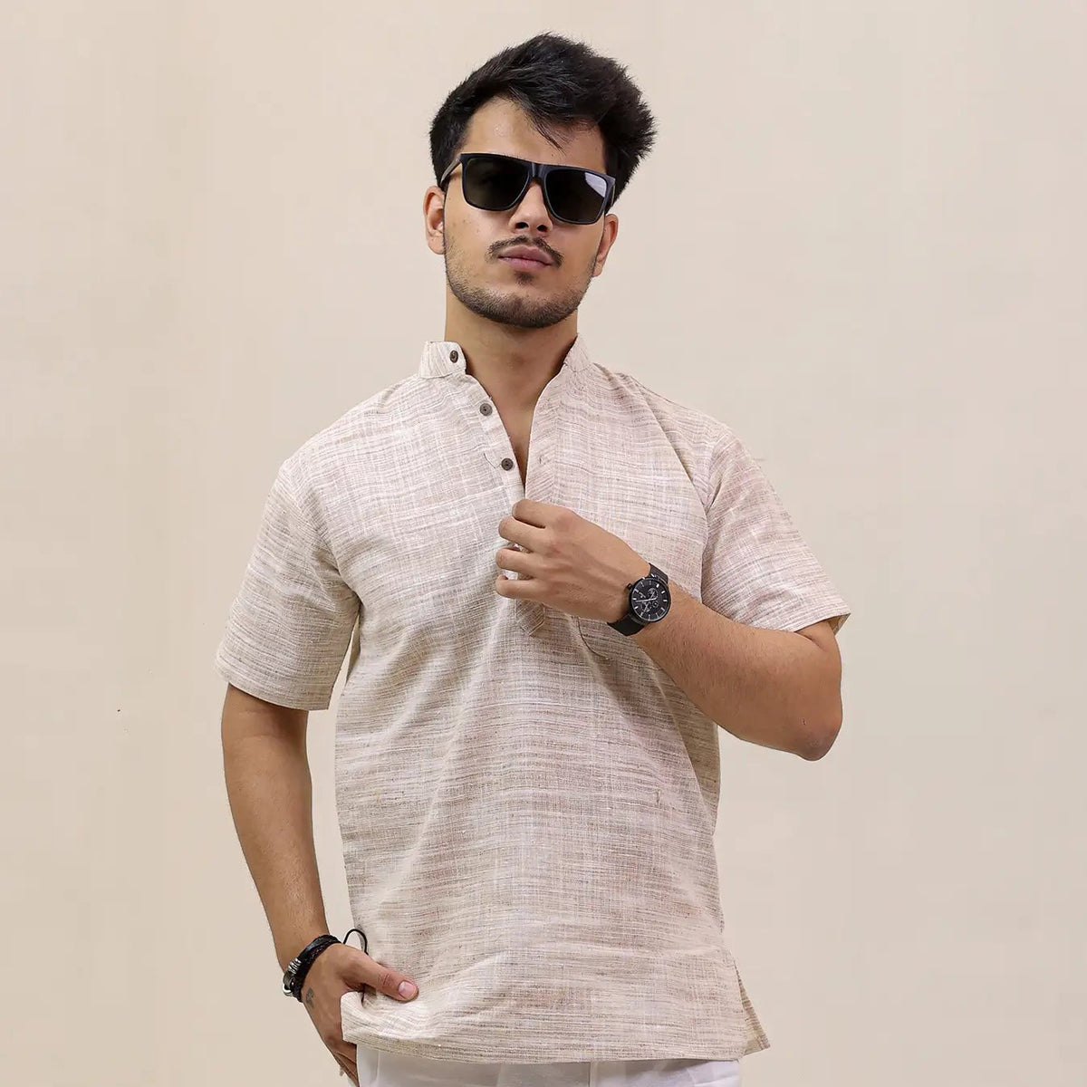 Beige Abhilasha Pure Cotton Half Sleeve Short Kurta