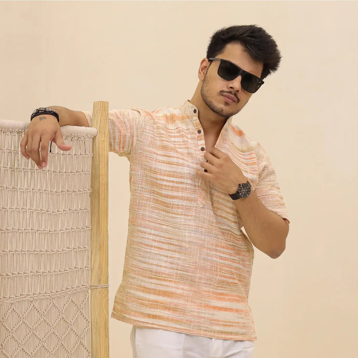 Orange Pure Cotton Zebra Fabric Half Sleeve Short Kurta