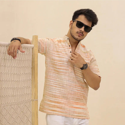 Orange Pure Cotton Zebra Fabric Half Sleeve Short Kurta