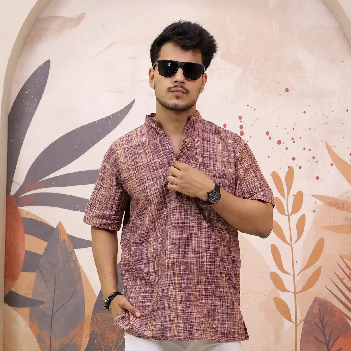 Pink Pure South Cotton Half Sleeve Short Kurta