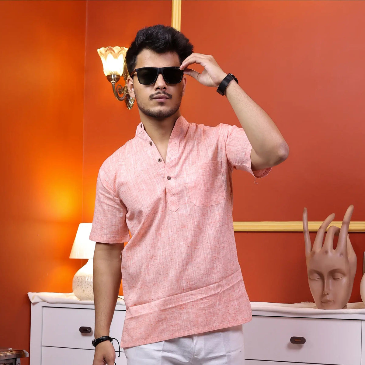 Orange Soft Linen Cotton Blend Half Sleeve Kurta
