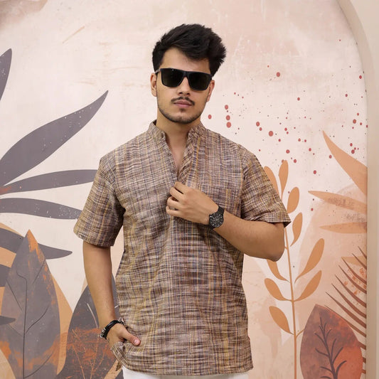Brown Pure South Cotton Half Sleeve Short Kurta