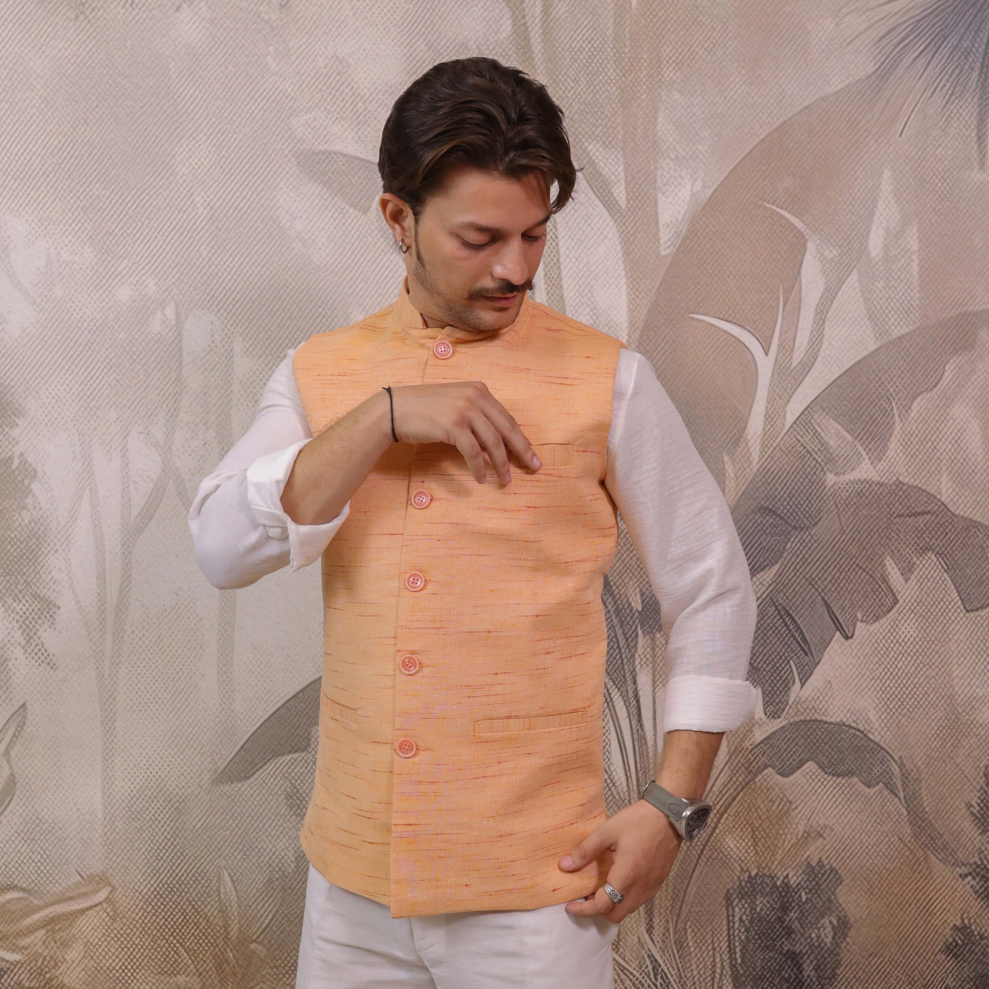 Orange Handloom Cotton Bhagalpur Nehru Jacket for Men featuring a functional chest pocket and classic Mandarin collar.