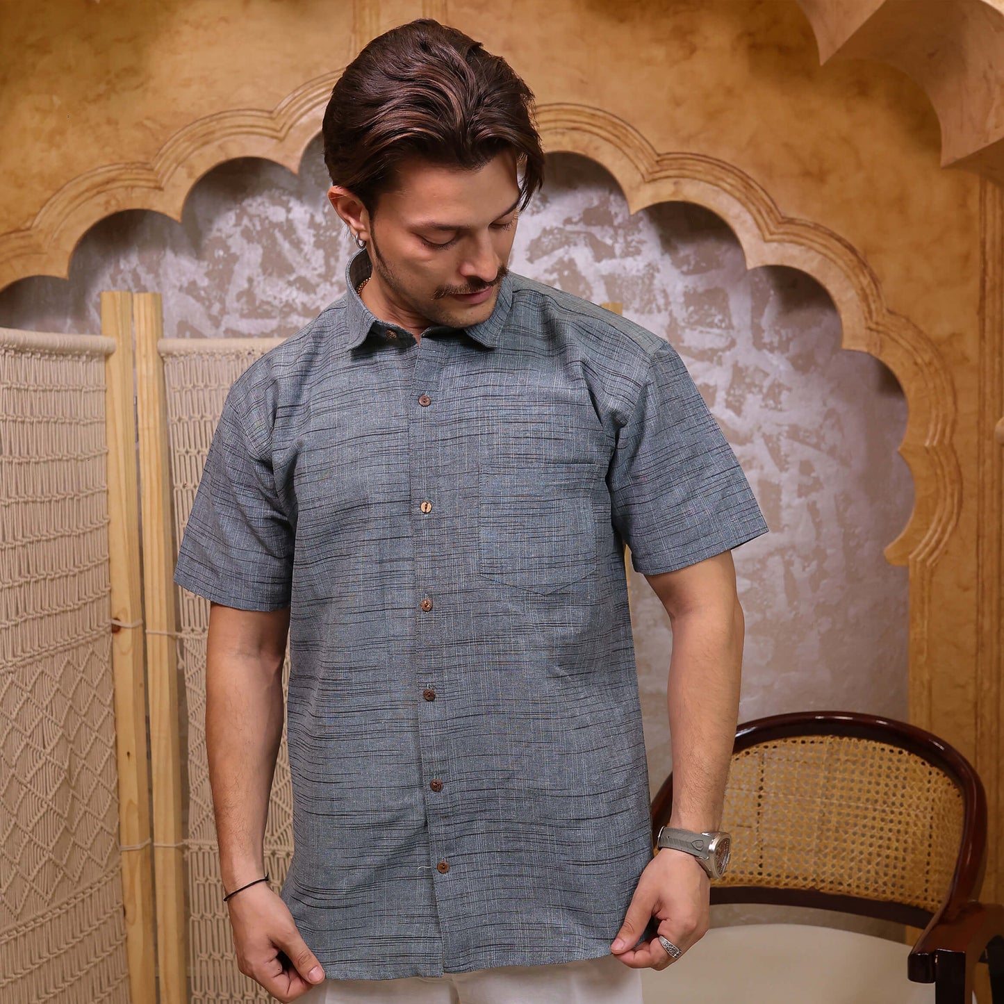Steel Blue Dark Jharna Half Sleeve Shirt with White Pant Combo Set | Men