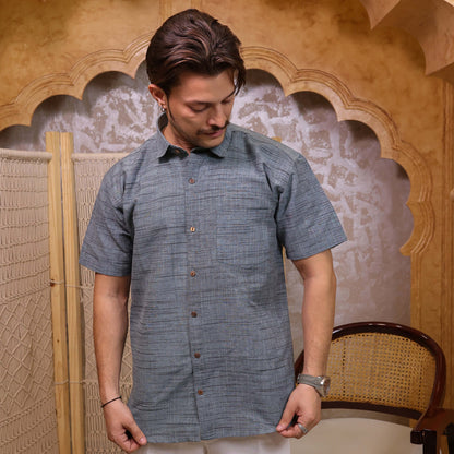 Steel Blue Dark Jharna Half Sleeve Shirt with White Pant Combo Set | Men