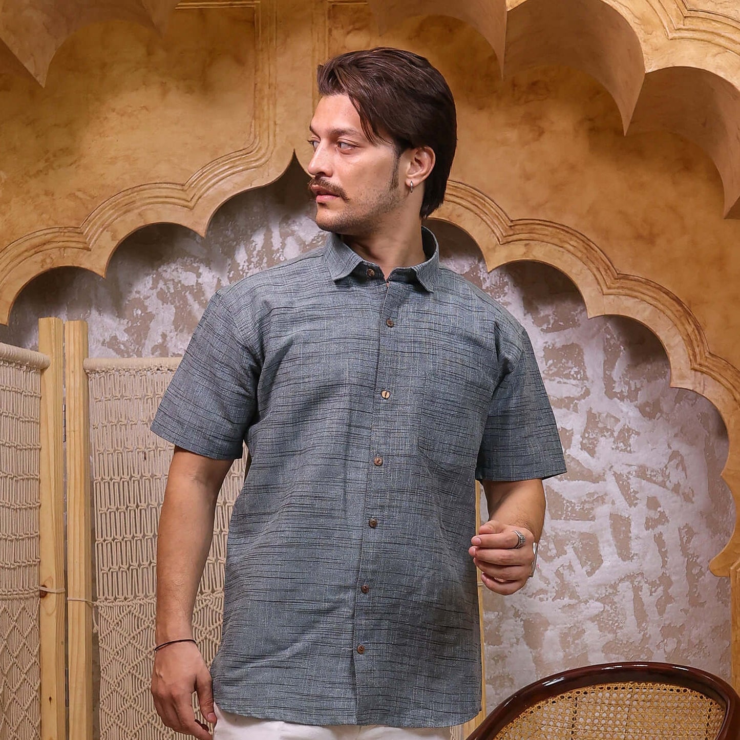 Steel Blue Dark Jharna Half Sleeve Shirt with White Pant Combo Set | Men