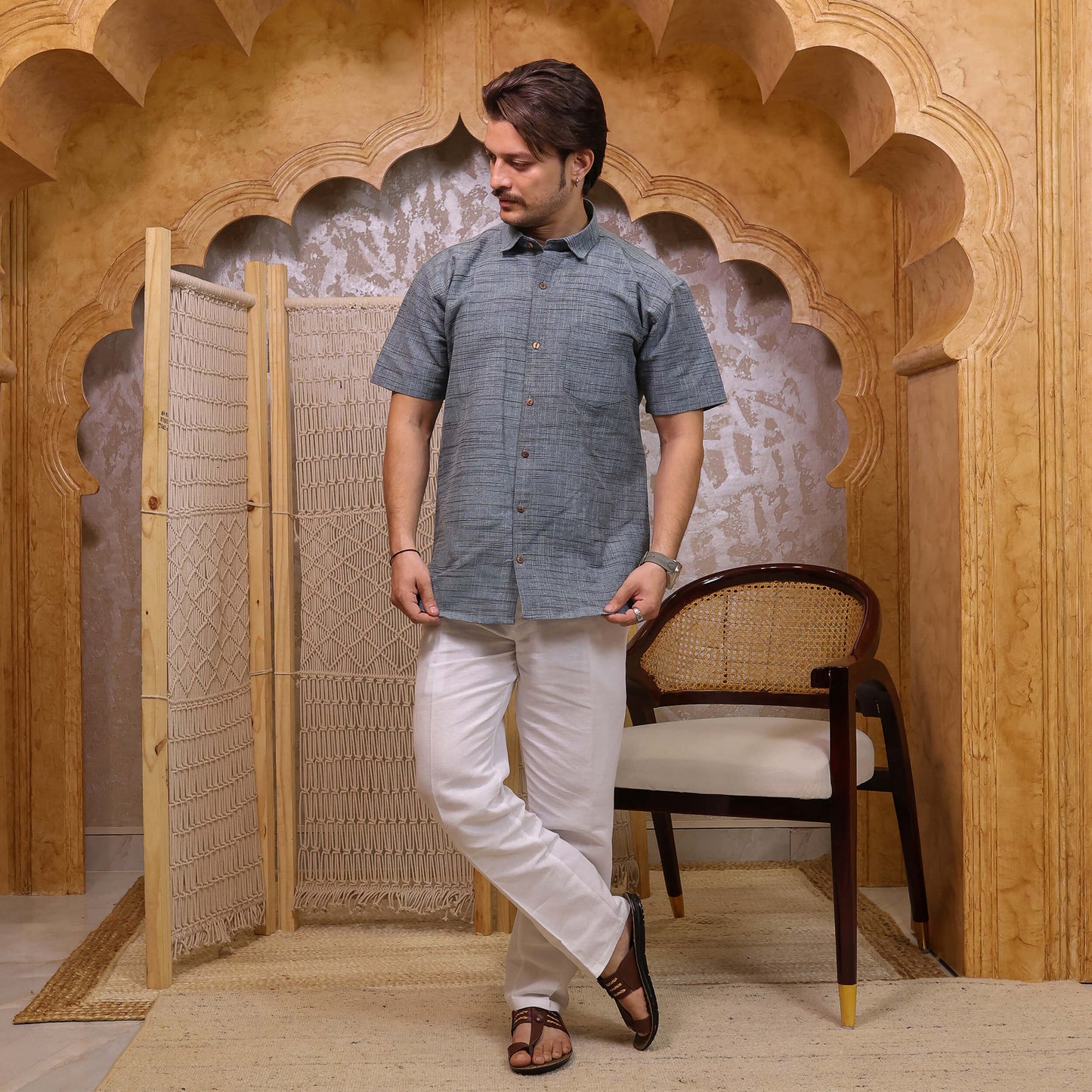 Steel Blue Dark Jharna Half Sleeve Shirt with White Pant Combo Set | Men