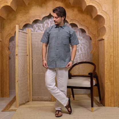 Steel Blue Dark Jharna Half Sleeve Shirt with White Pant Combo Set | Men
