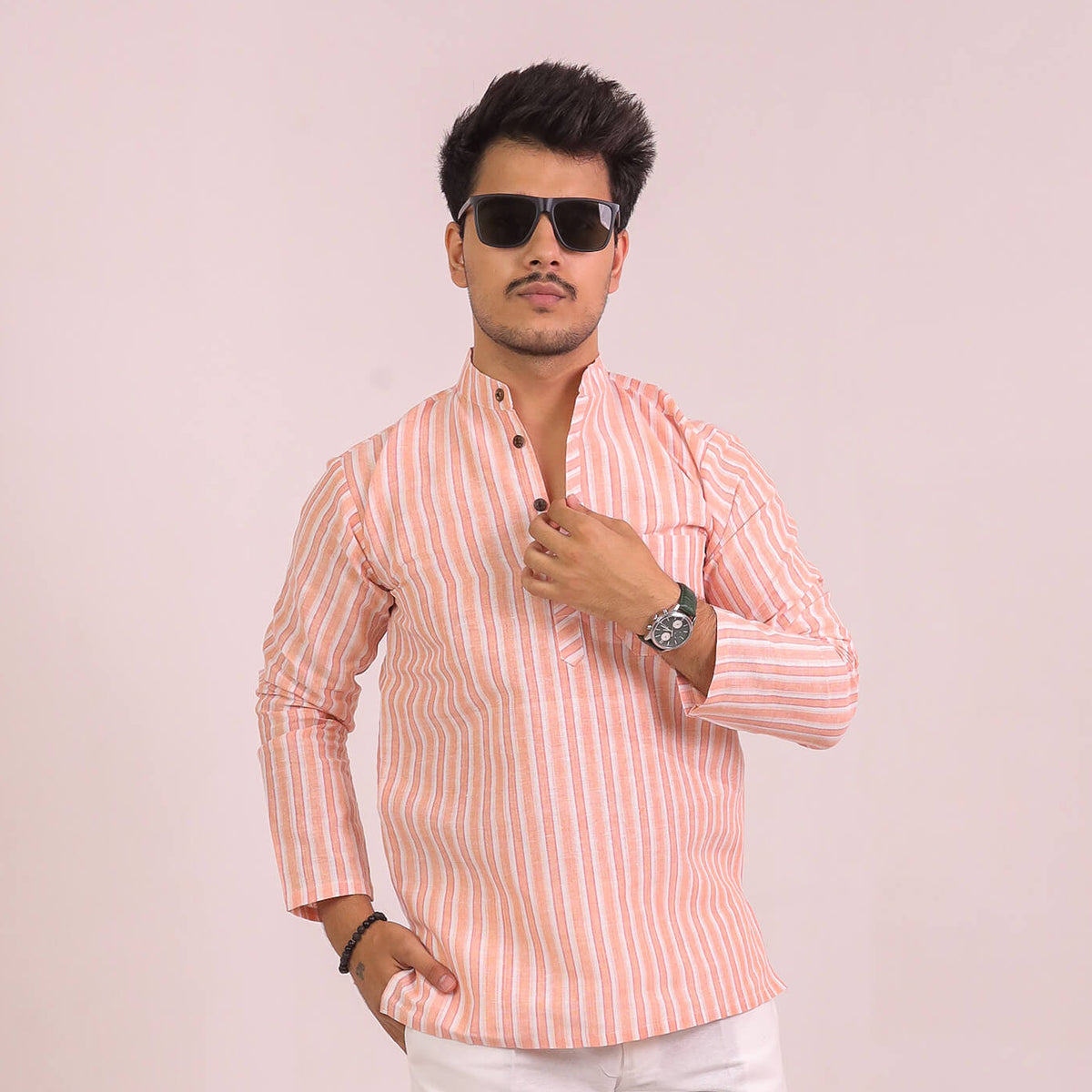 Orange White Striped Full Sleeves Short Kurta