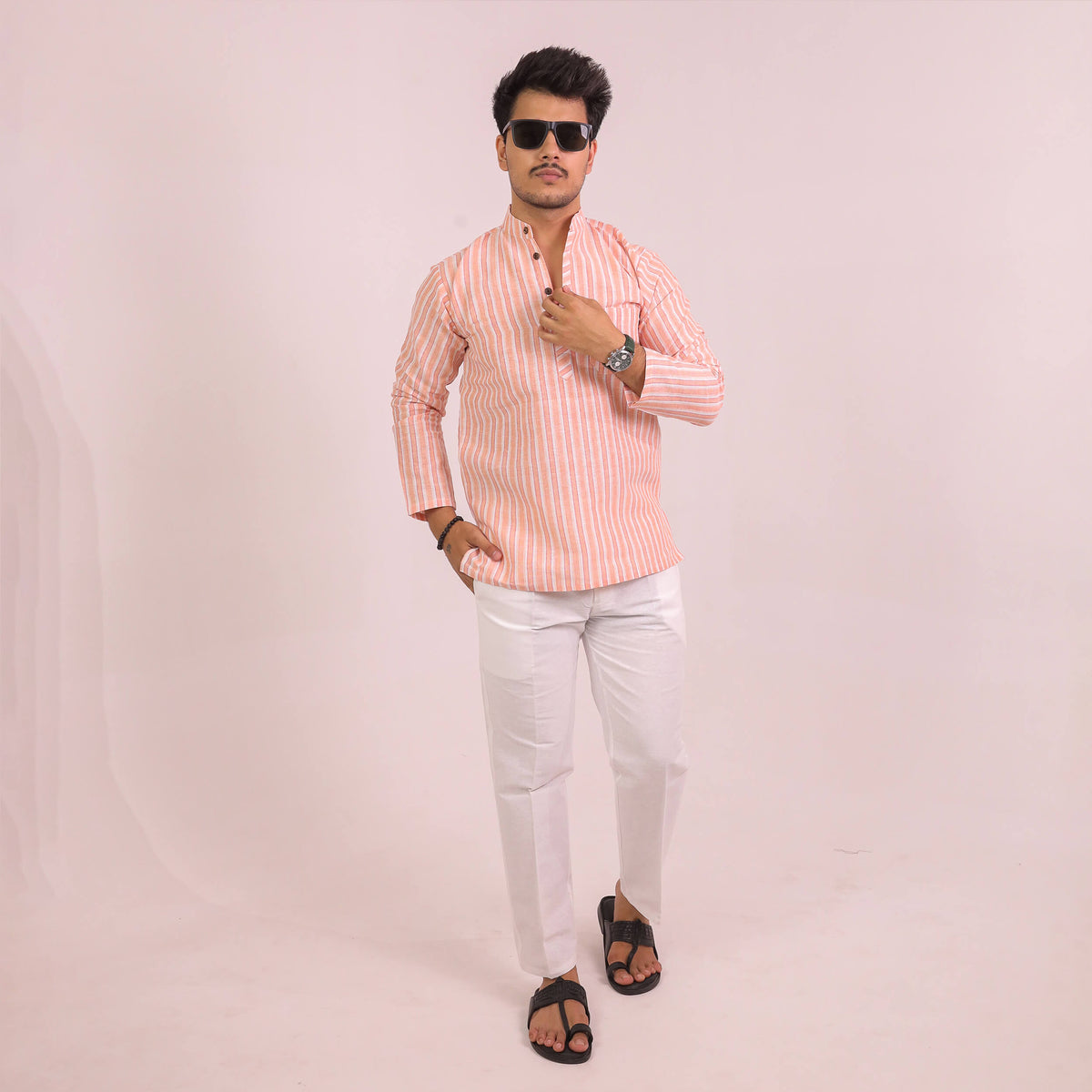 Orange-White Striped Full Sleeves Kurta Pant Combo Set front view
