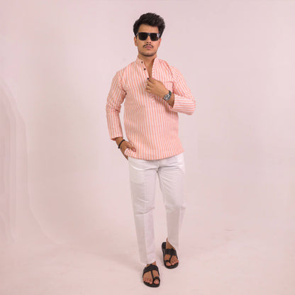 Orange-White Striped Full Sleeves Kurta Pant Combo Set front view