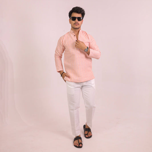 Orange-White Striped Full Sleeves Kurta Pant Combo Set