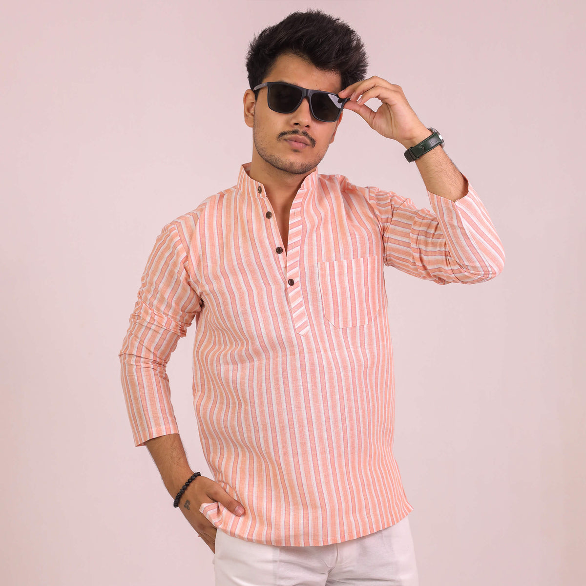 Men wearing stylish Orange-White Striped Full Sleeves Kurta