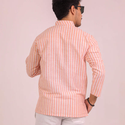 Orange White Striped Full Sleeves Short Kurta