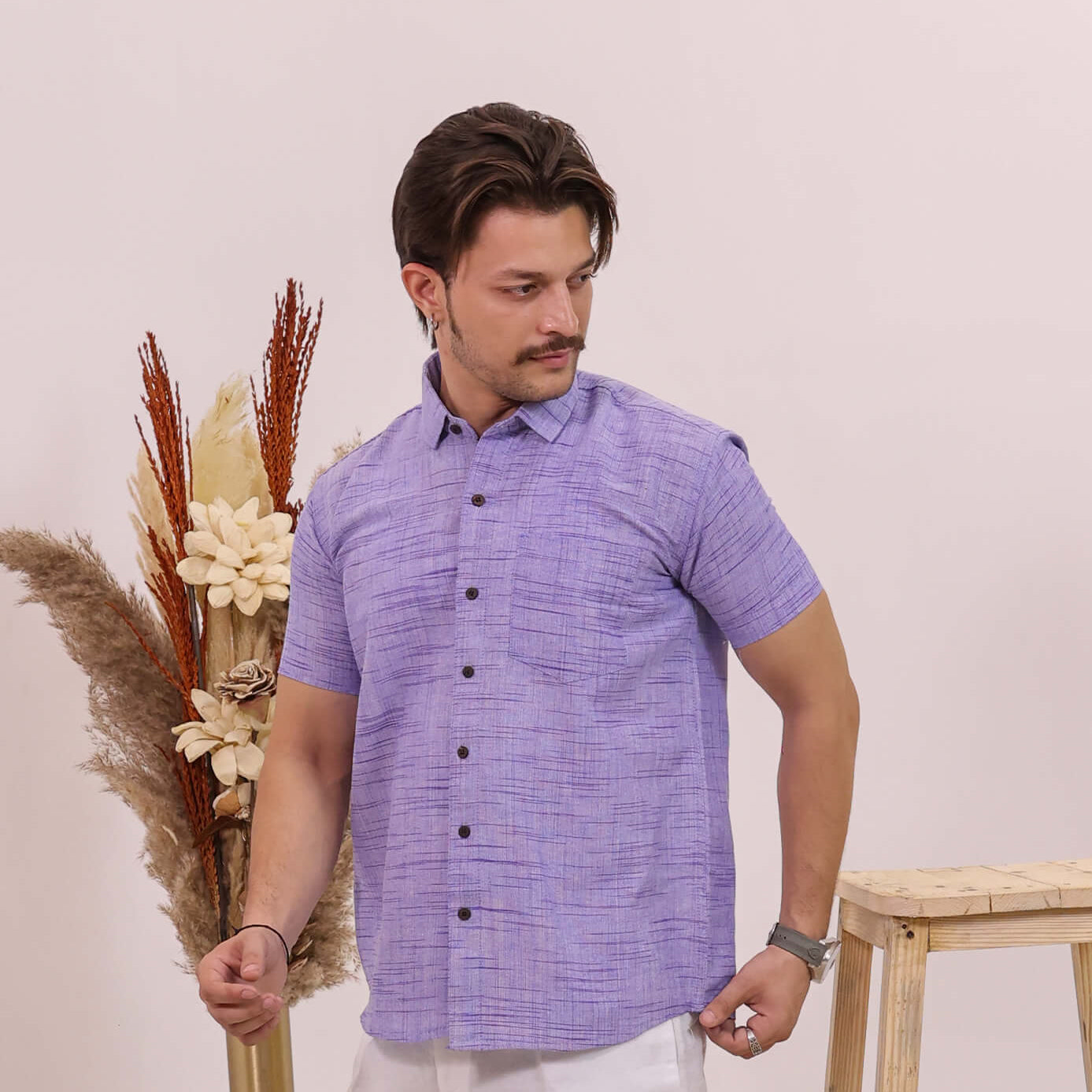 Blue Plain Jharna Cotton Half Sleeves Shirt with Black Pant Combo Set