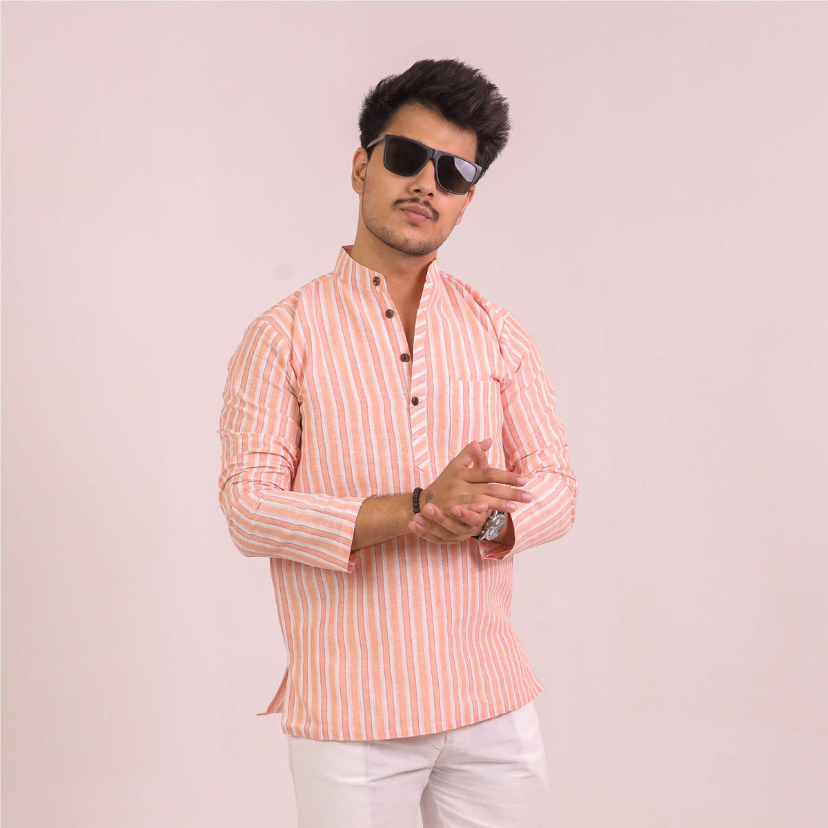 Men wearing Orange-White Striped Full Sleeves Kurta