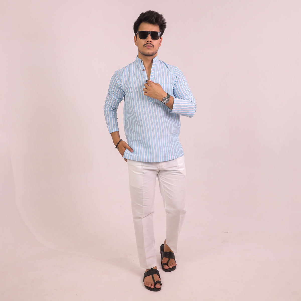Blue-White Striped Full Sleeves Kurta Pant Combo Set