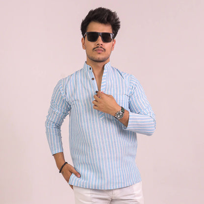 Blue White Striped Full Sleeves Short Kurta