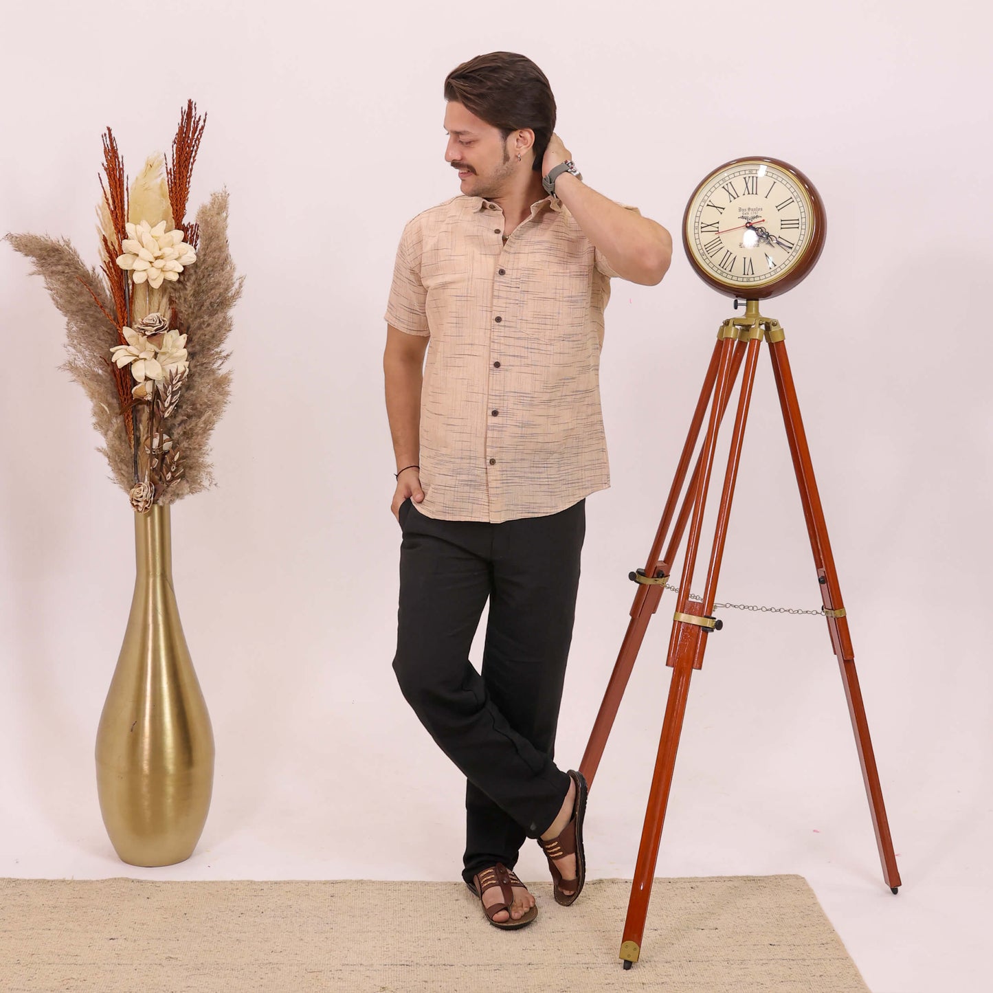 Beige Plain Jharna Cotton Half Sleeves Shirt with Black Pant Combo Set
