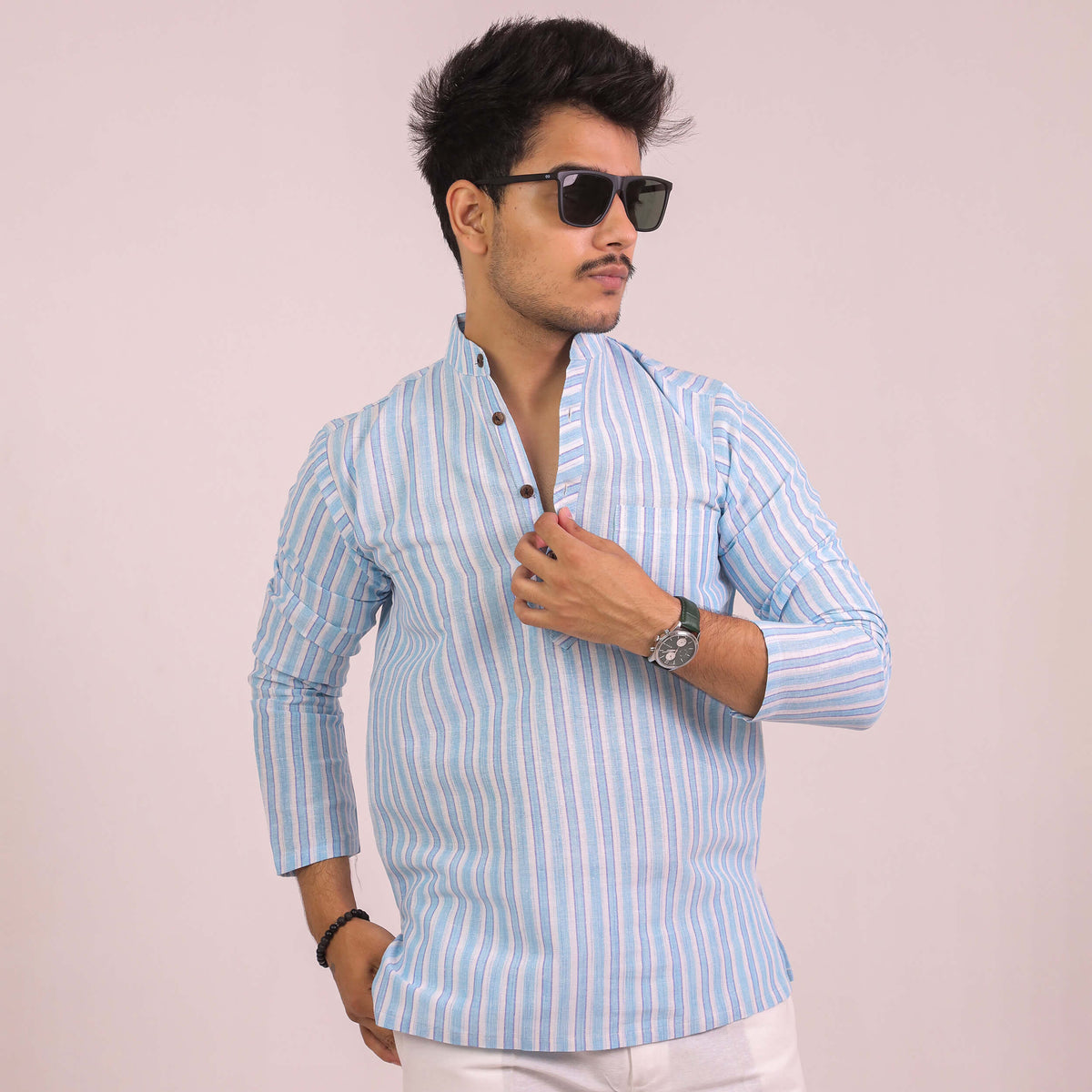 Blue White Striped Full Sleeves Short Kurta