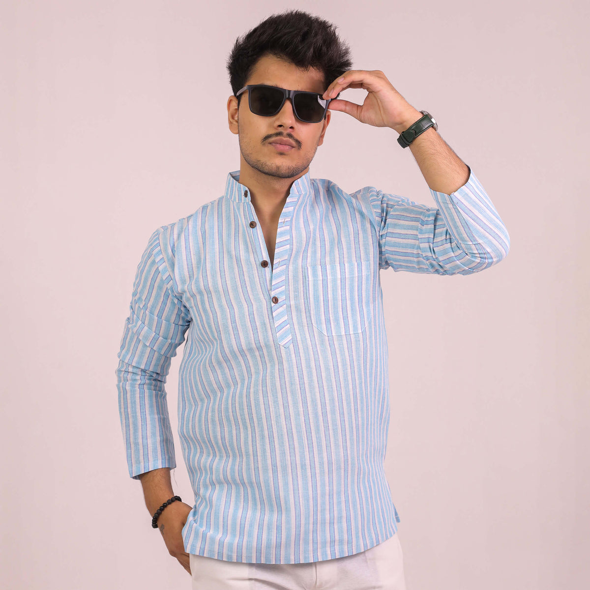 Blue-White Striped Full Sleeves Kurta Pant Combo Set