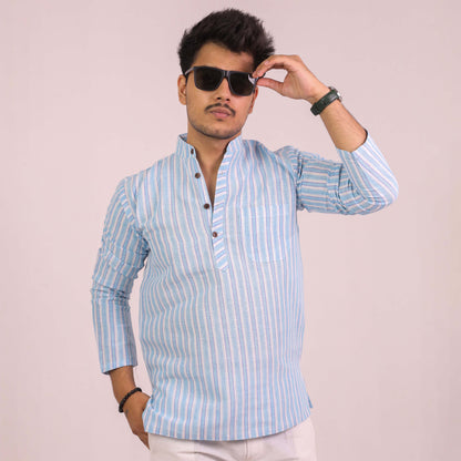 Blue White Striped Full Sleeves Short Kurta