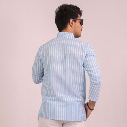 Blue White Striped Full Sleeves Short Kurta