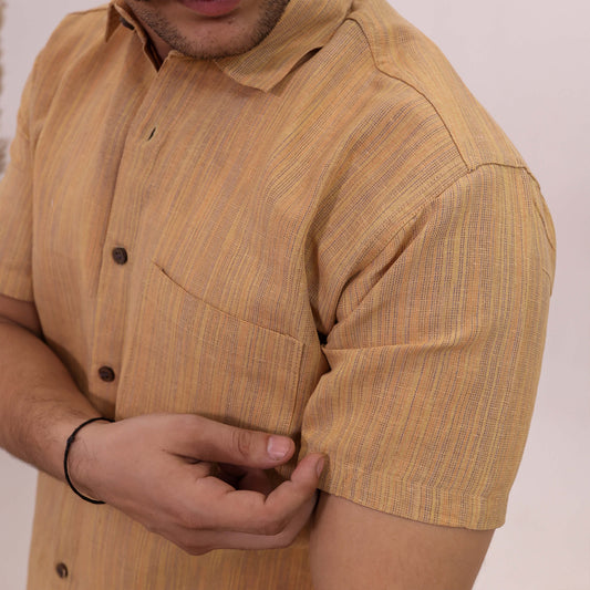 Beige Threadline Handloom Cotton Half Sleeves Shirt for Men | Kargham