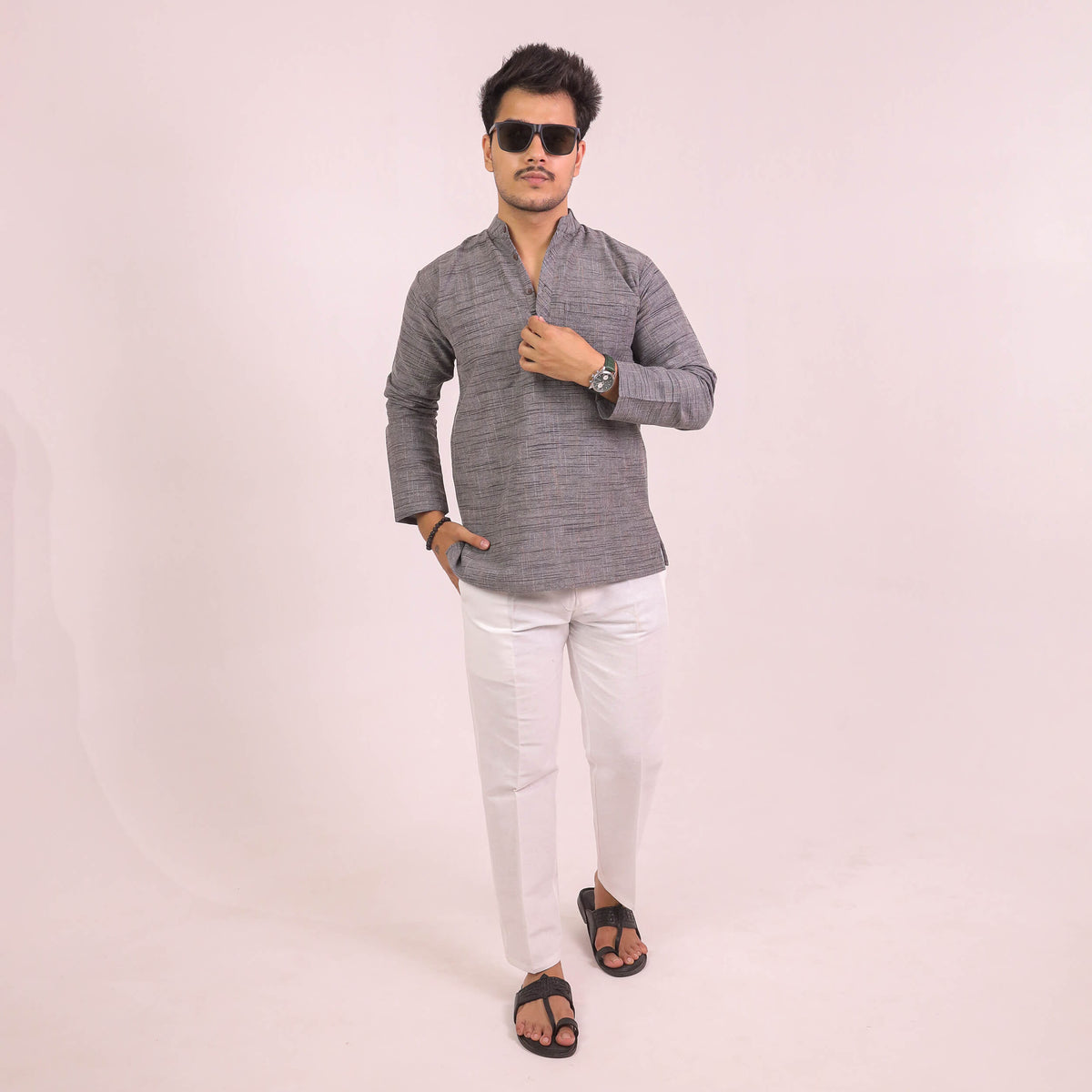 Grey Dark Jharna Full Sleeves Kurta Pant Combo Set