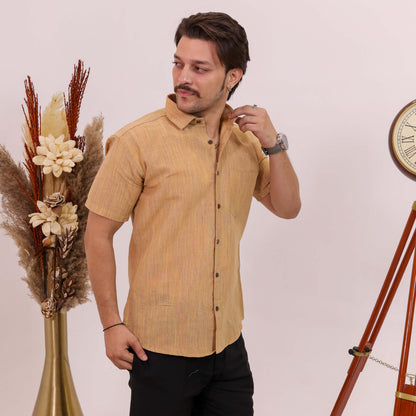 Beige Threadline Handloom Cotton Half Sleeves Shirt for Men | Kargham