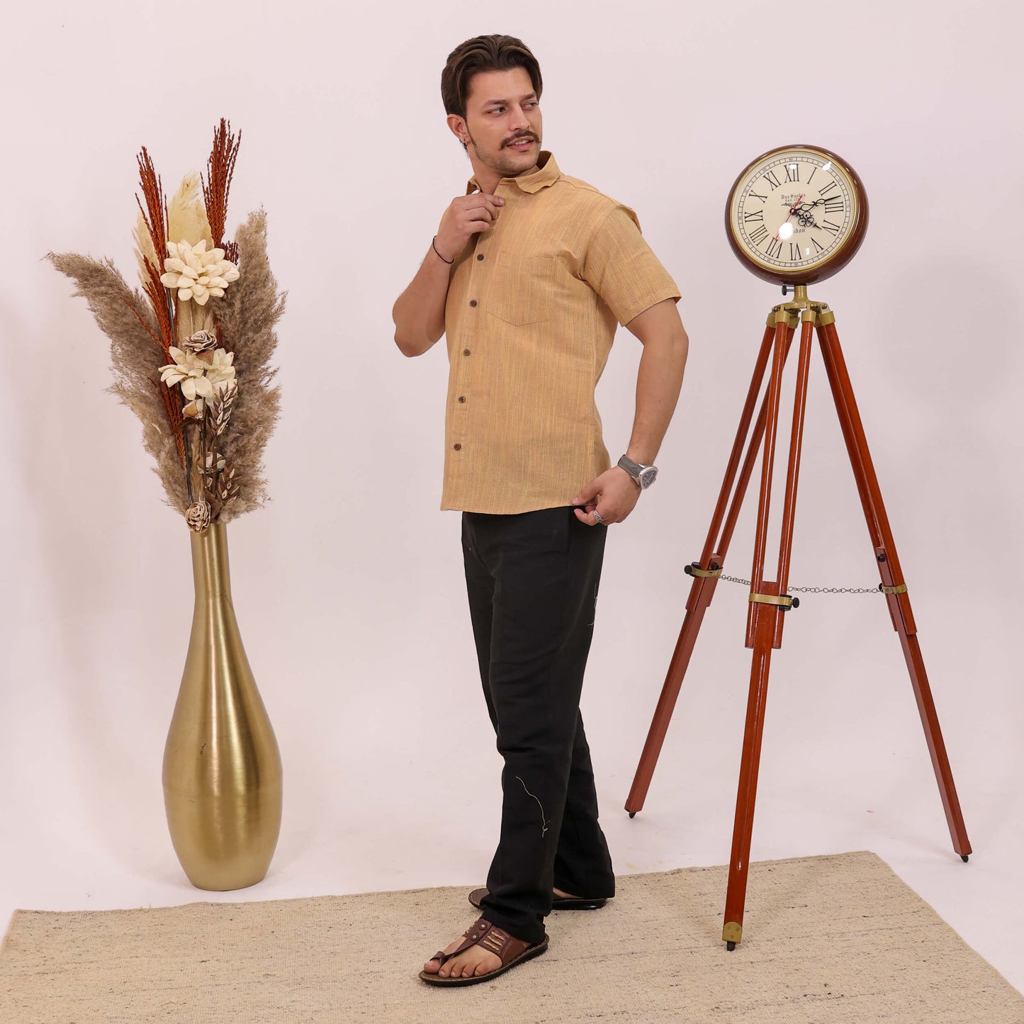 Beige Threadline Handloom Cotton Half Sleeves Shirt for Men | Kargham
