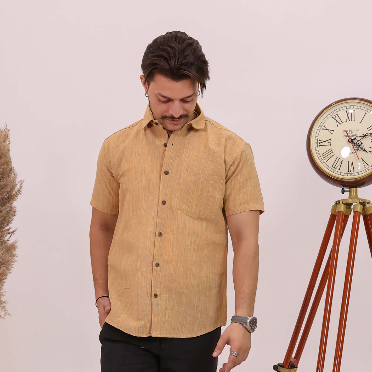 Beige Threadline Handloom Cotton Half Sleeves Shirt for Men | Kargham