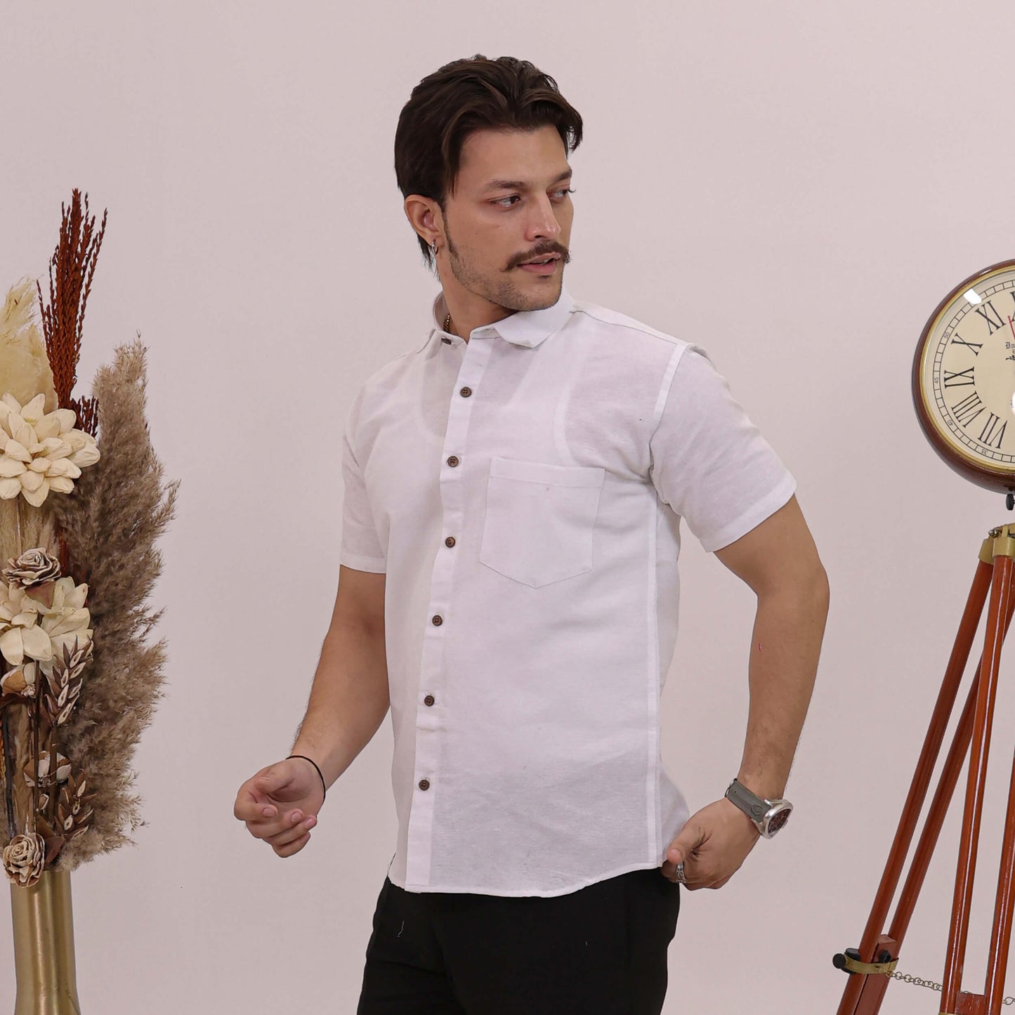White Solid Half Sleeve Shirt with Black Pant Combo Set for Men