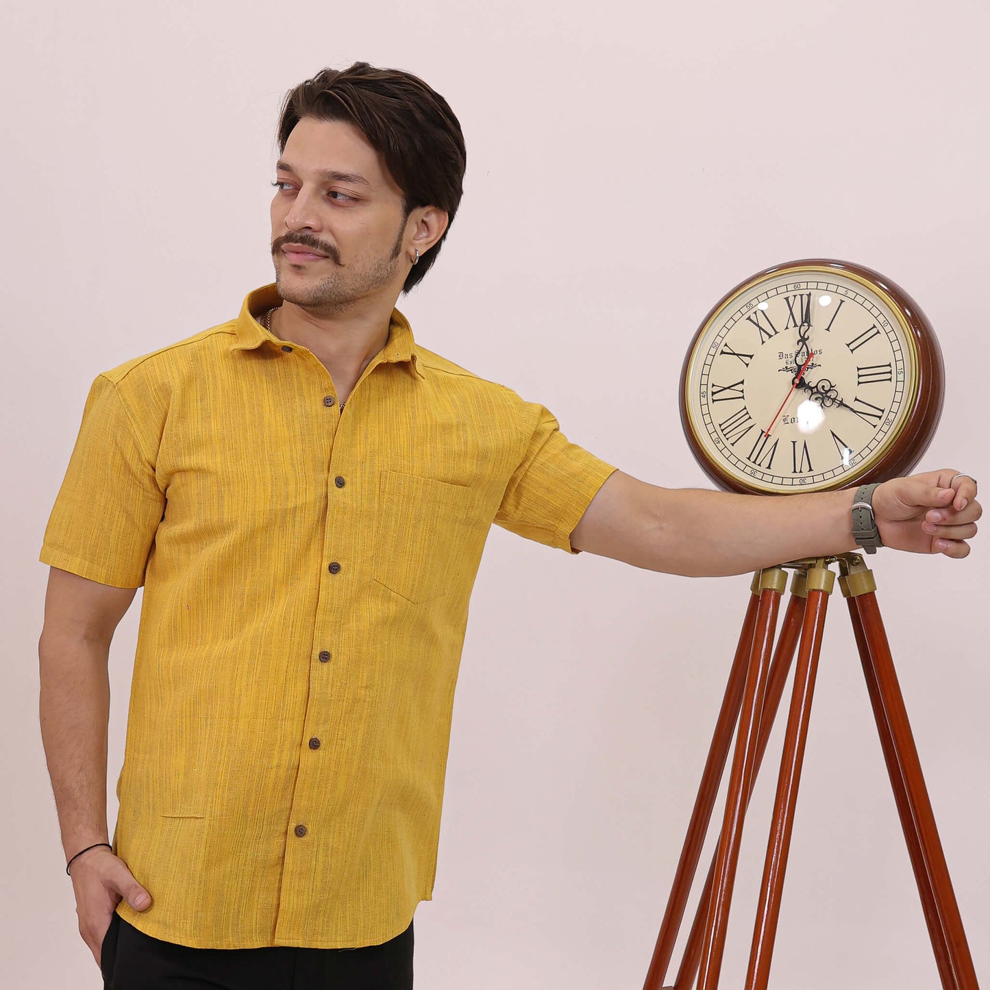 Yellow Threadline Handloom Cotton Half Sleeves Shirt for Men | Kargham