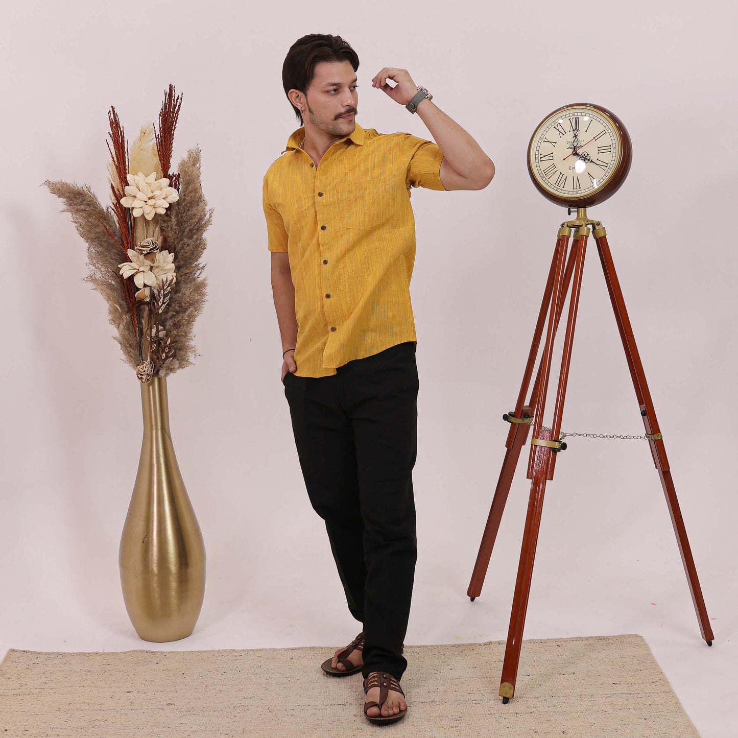 Yellow Threadline Handloom Cotton Half Sleeves Shirt for Men | Kargham