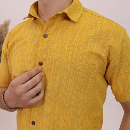 Yellow Threadline Handloom Cotton Half Sleeves Shirt for Men | Kargham