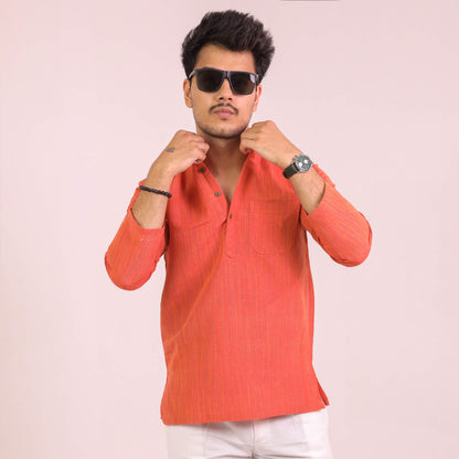 Styling with Orange Thread Lines Full Sleeves Cotton Short Kurta for Men