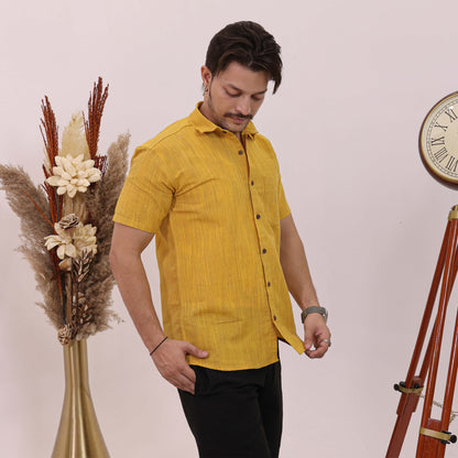 Yellow Threadline Handloom Cotton Half Sleeves Shirt for Men | Kargham