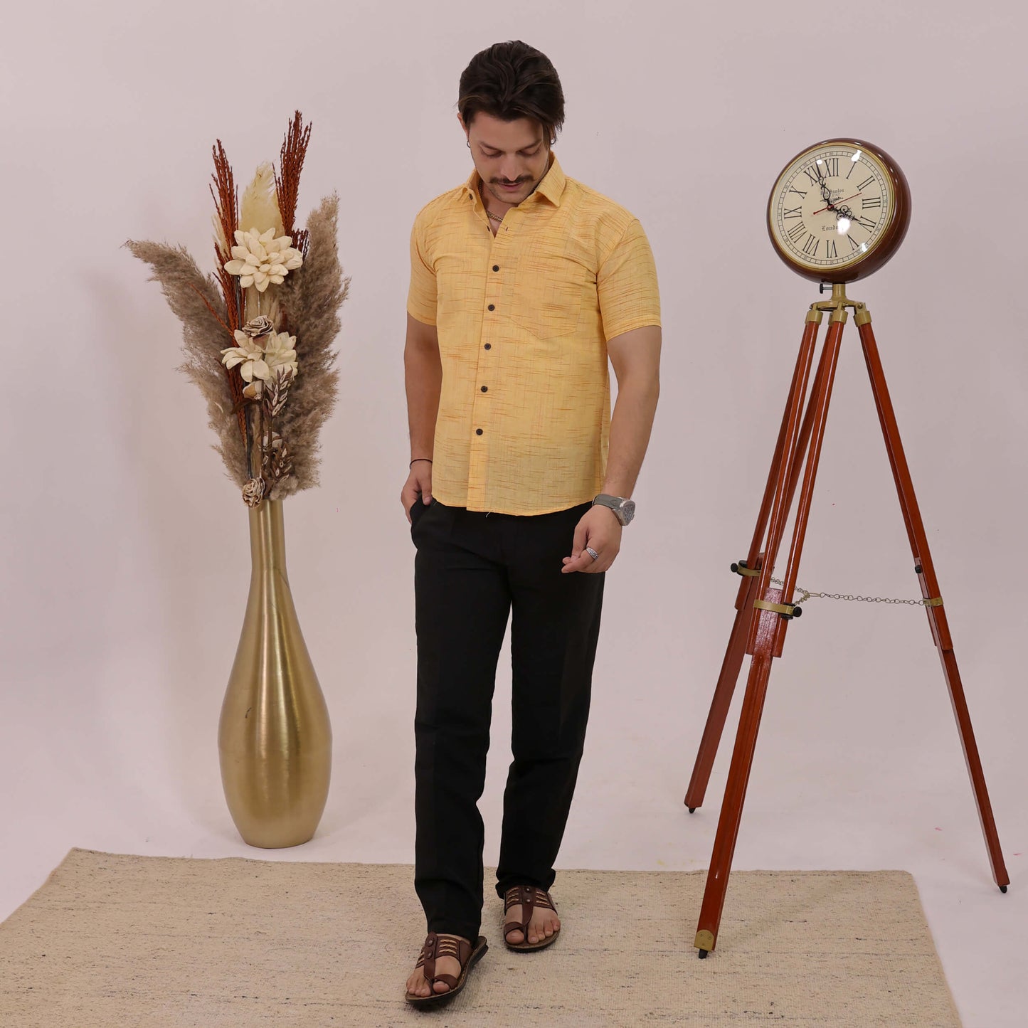 Yellow Plain Jharna Cotton Half Sleeves Shirt with Black Pant Combo Set