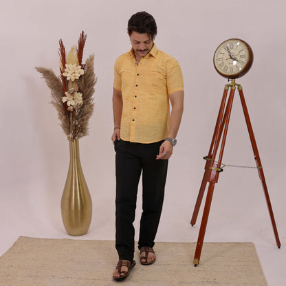 Yellow Plain Jharna Cotton Half Sleeves Shirt with Black Pant Combo Set